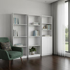 Set of Three White Wood Eleven Tier Modular Bookcase with Two Doors