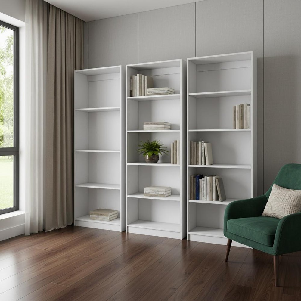 Set of Three White Wood Fourteen Tier Modular Bookcase
