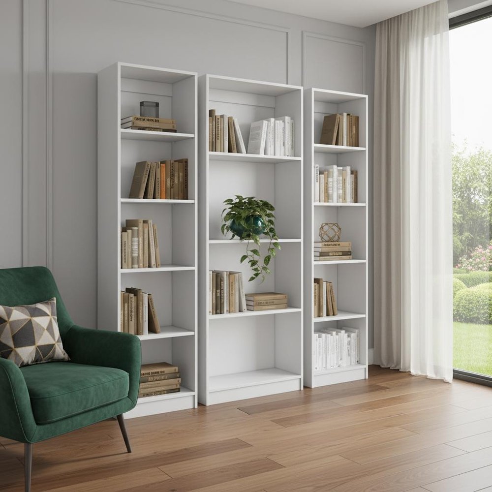 Set of Three White Wood Fourteen Tier Modular Bookcase