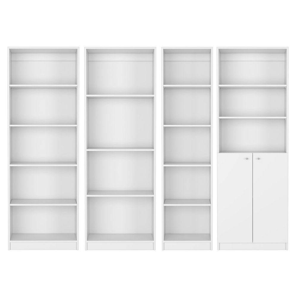 Set of Four White Wood Seventeen Tier Modular Bookcase with Two Doors