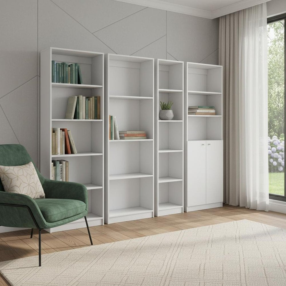 Set of Four White Wood Seventeen Tier Modular Bookcase with Two Doors