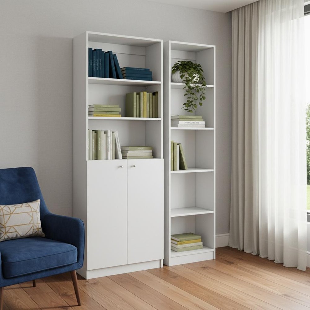 Set of Two White Wood Five Tier Modular Bookcase with Two Doors