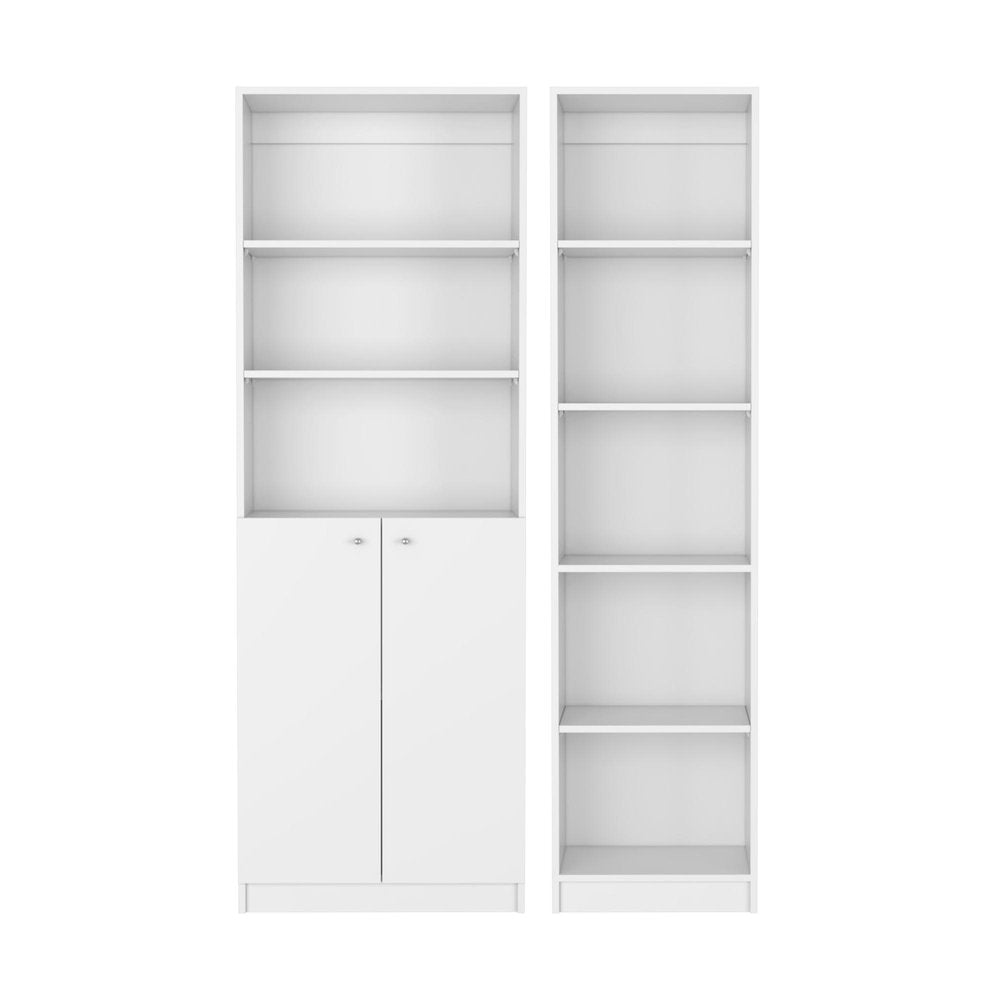 Set of Two White Wood Five Tier Modular Bookcase with Two Doors