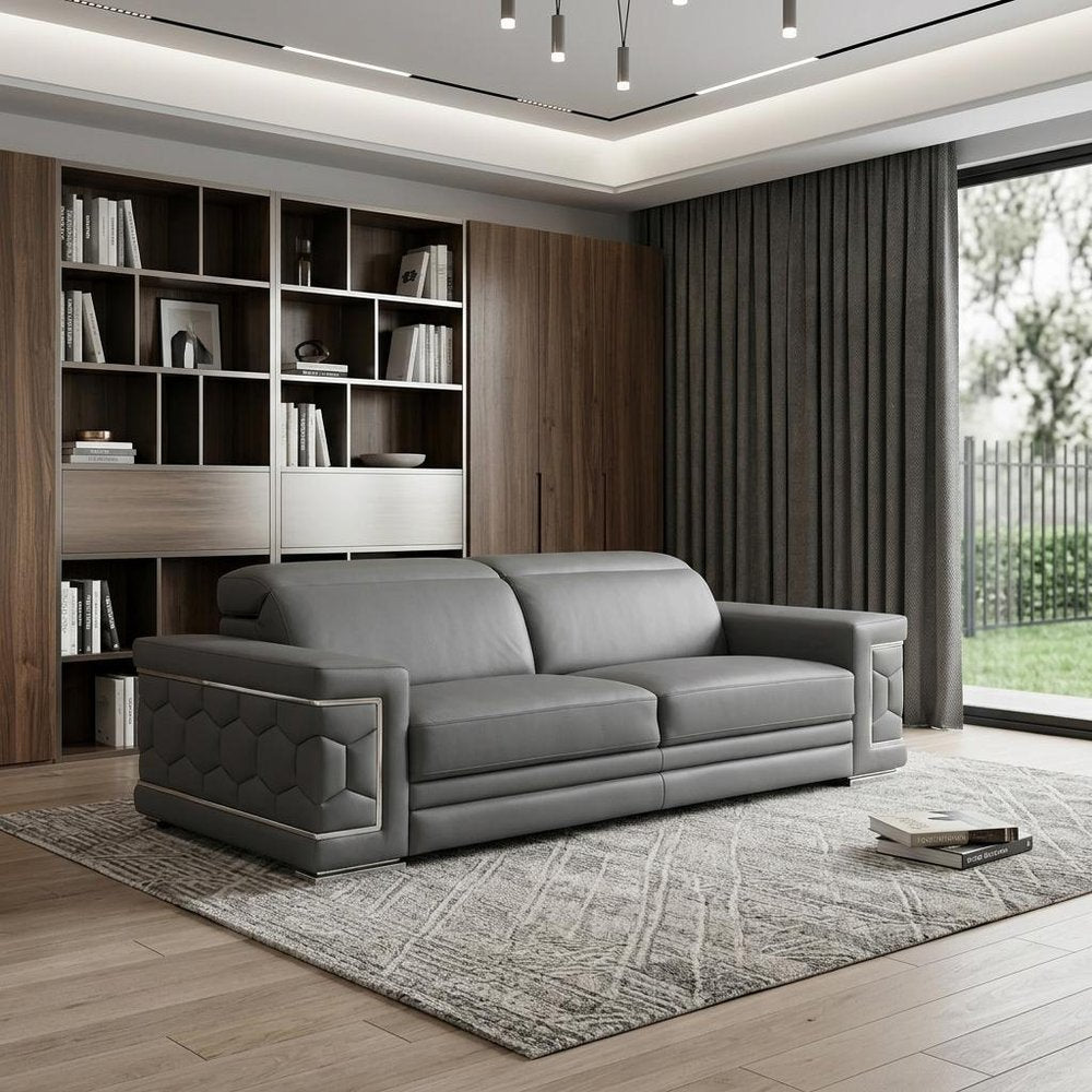 89" Light Gray Top Grain Leather Sofa
