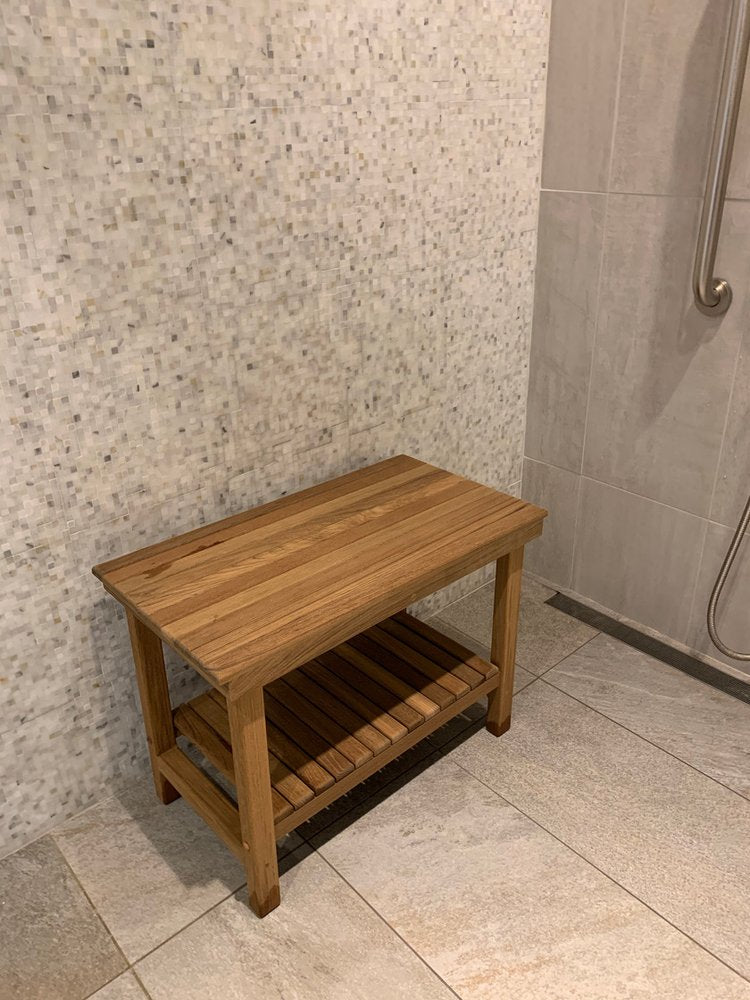 18" X 25" Brown Teak Rectangular Shower Bench With Shelf