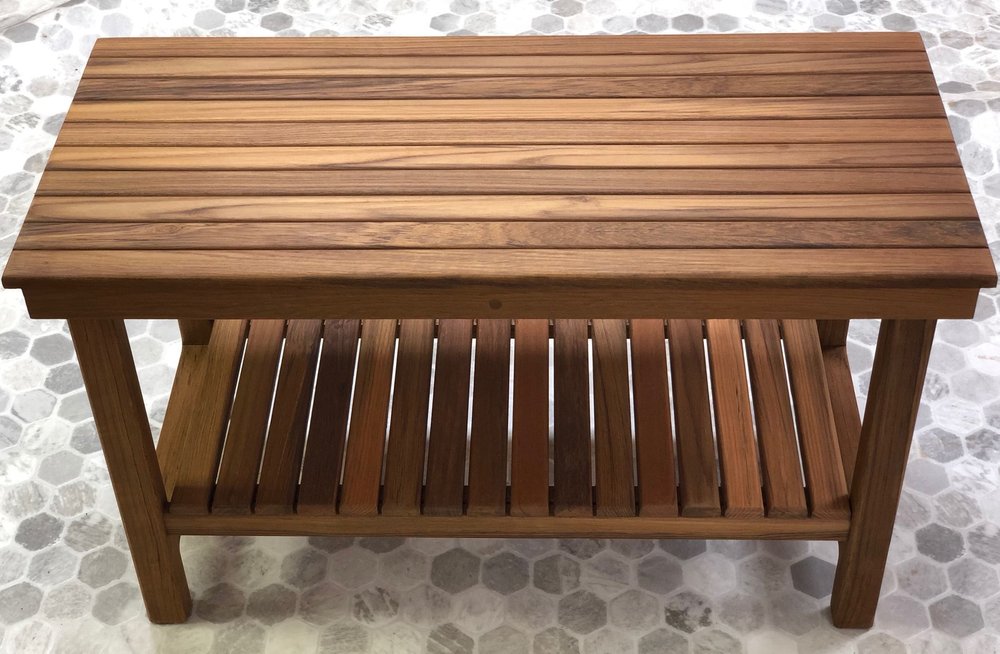 18" X 25" Brown Teak Rectangular Shower Bench With Shelf