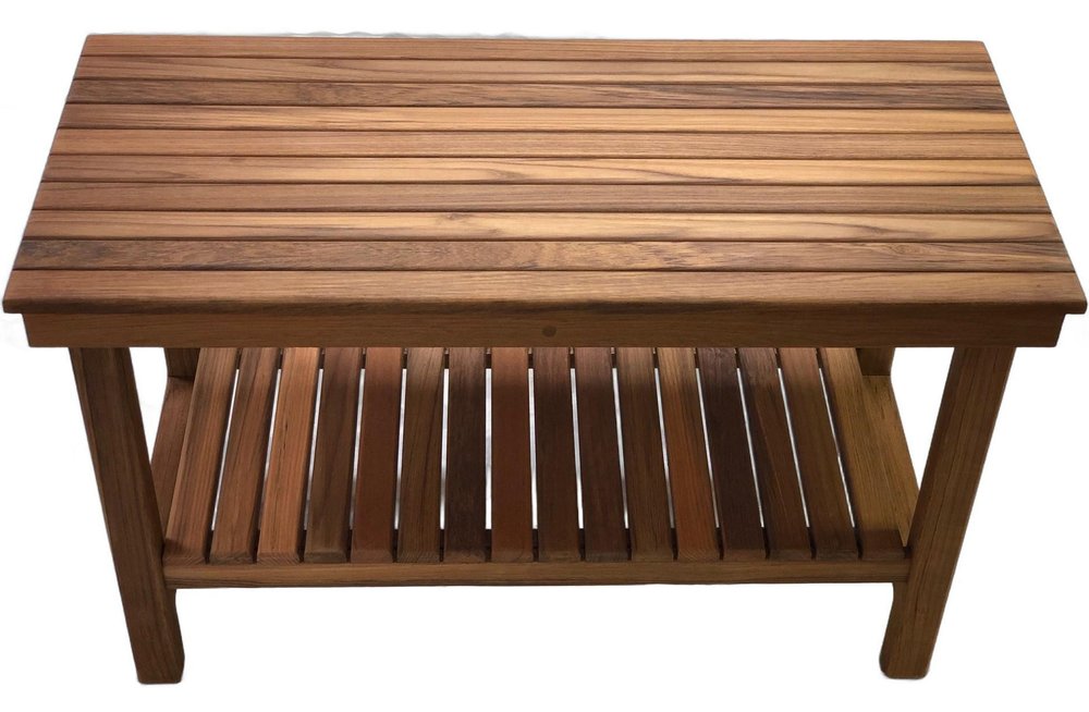 18" X 25" Brown Teak Rectangular Shower Bench With Shelf