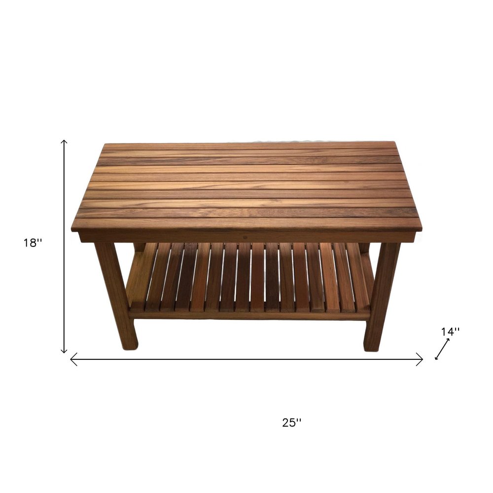 18" X 25" Brown Teak Rectangular Shower Bench With Shelf