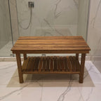 18" X 25" Brown Teak Rectangular Shower Bench With Shelf