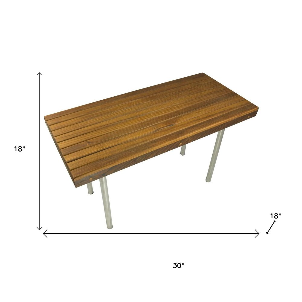 18" X 30" Brown Teak Wood And Stainless Steel Rectangular Shower Bench