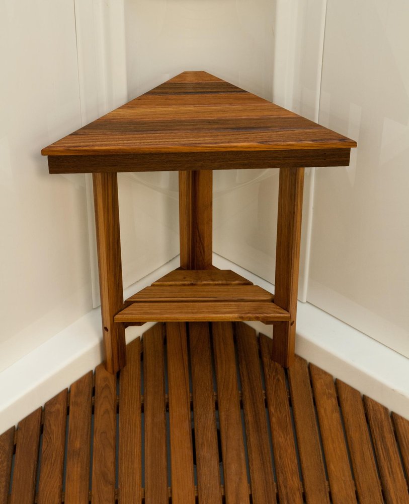 18" X 17" Brown Teak Corner Shower Bench With Shelf