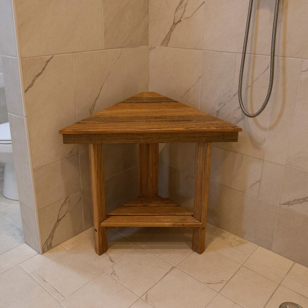 18" X 17" Brown Teak Corner Shower Bench With Shelf
