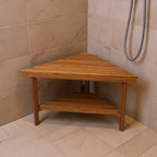 18" X 31" Brown Teak Corner Shower Bench With Shelf