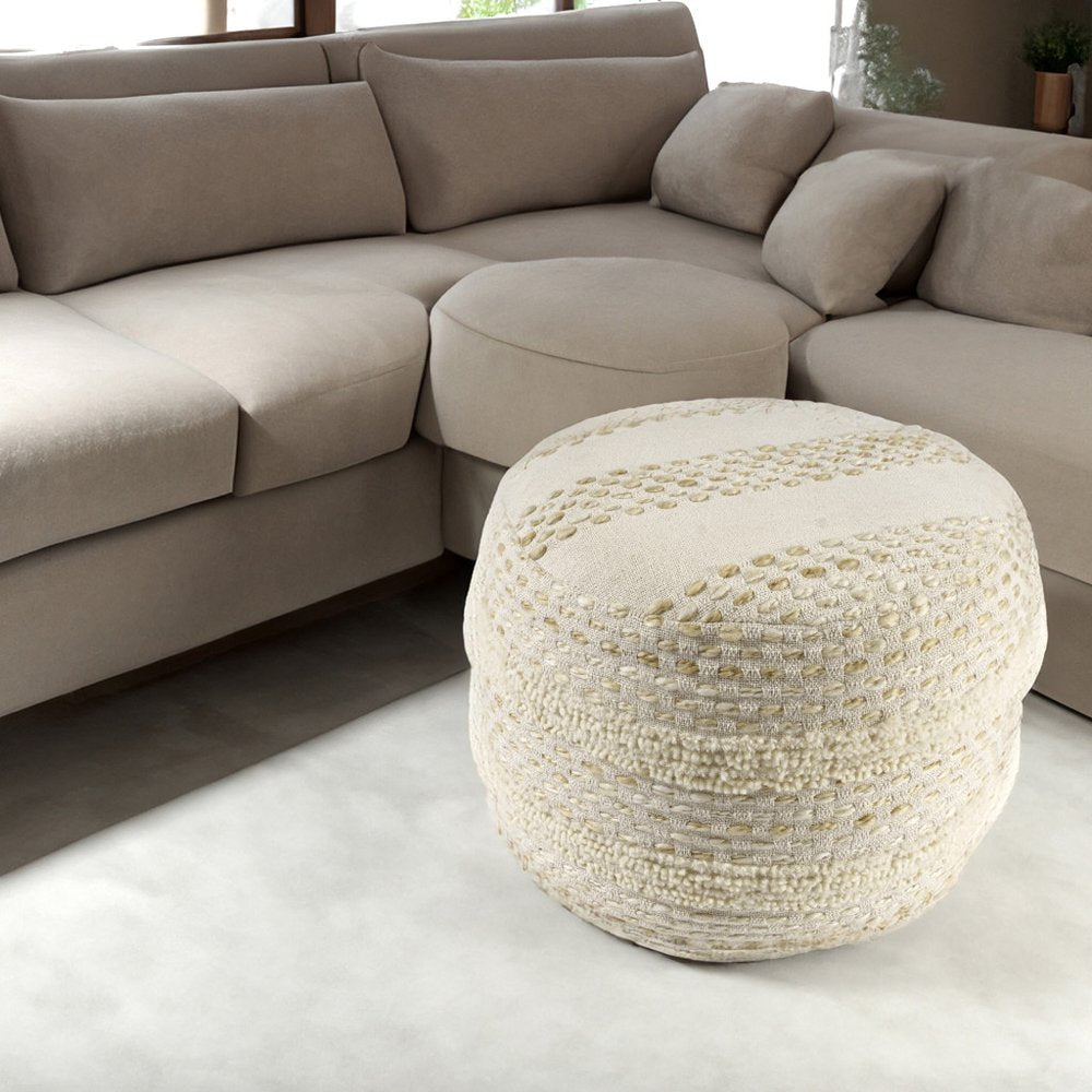 18" Natural And Ivory Cotton Blend Round Striped Pouf Ottoman