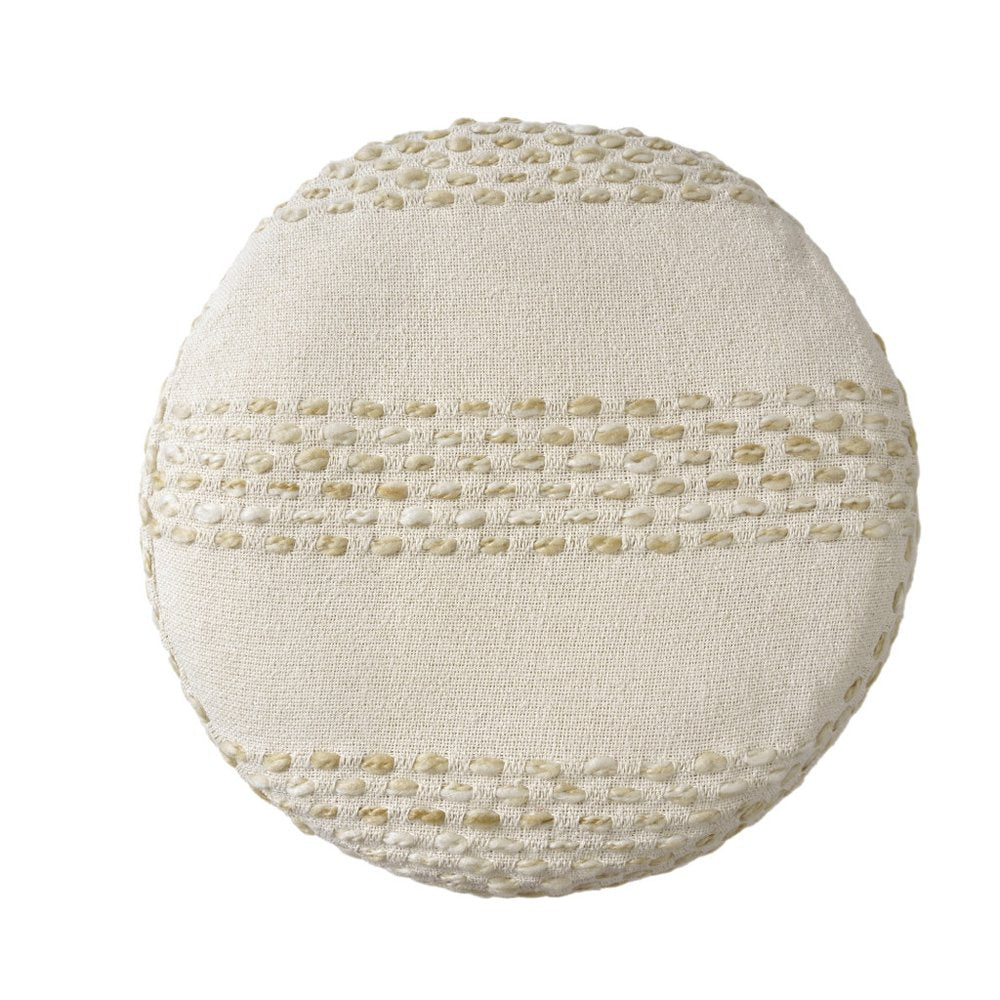 18" Natural And Ivory Cotton Blend Round Striped Pouf Ottoman