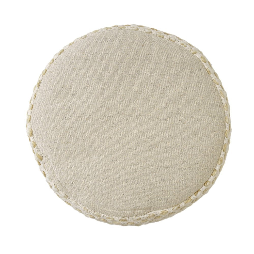 18" Natural And Ivory Cotton Blend Round Striped Pouf Ottoman