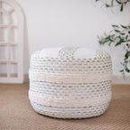 18" Natural And Ivory Cotton Blend Round Striped Pouf Ottoman