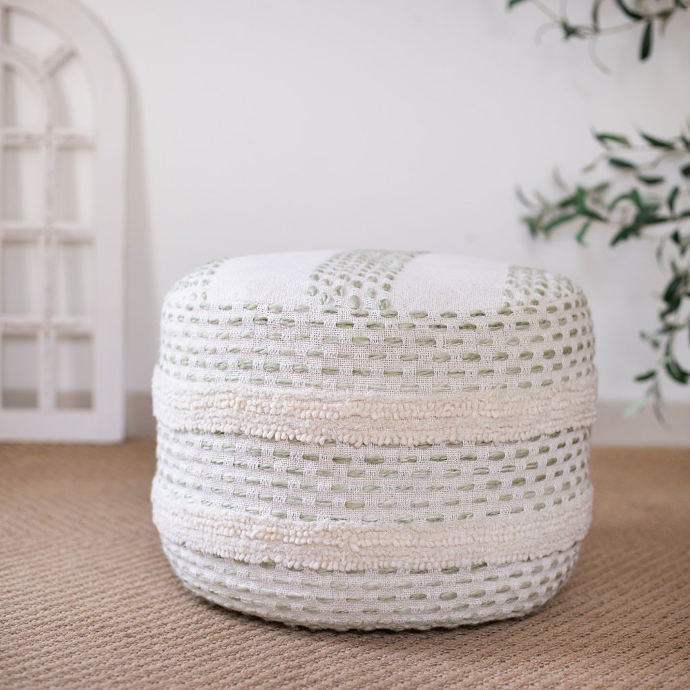18" Natural And Ivory Cotton Blend Round Striped Pouf Ottoman