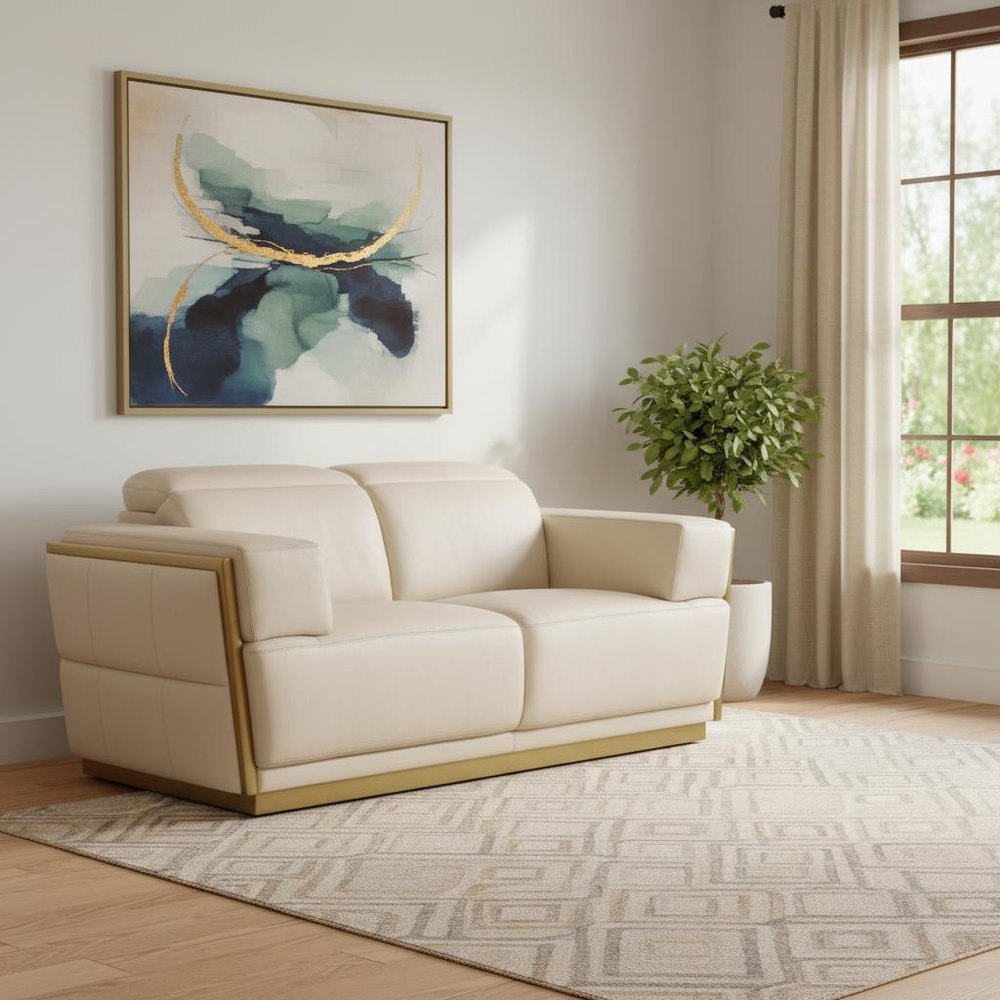 70" Cream and Gold Italian Leather Loveseat