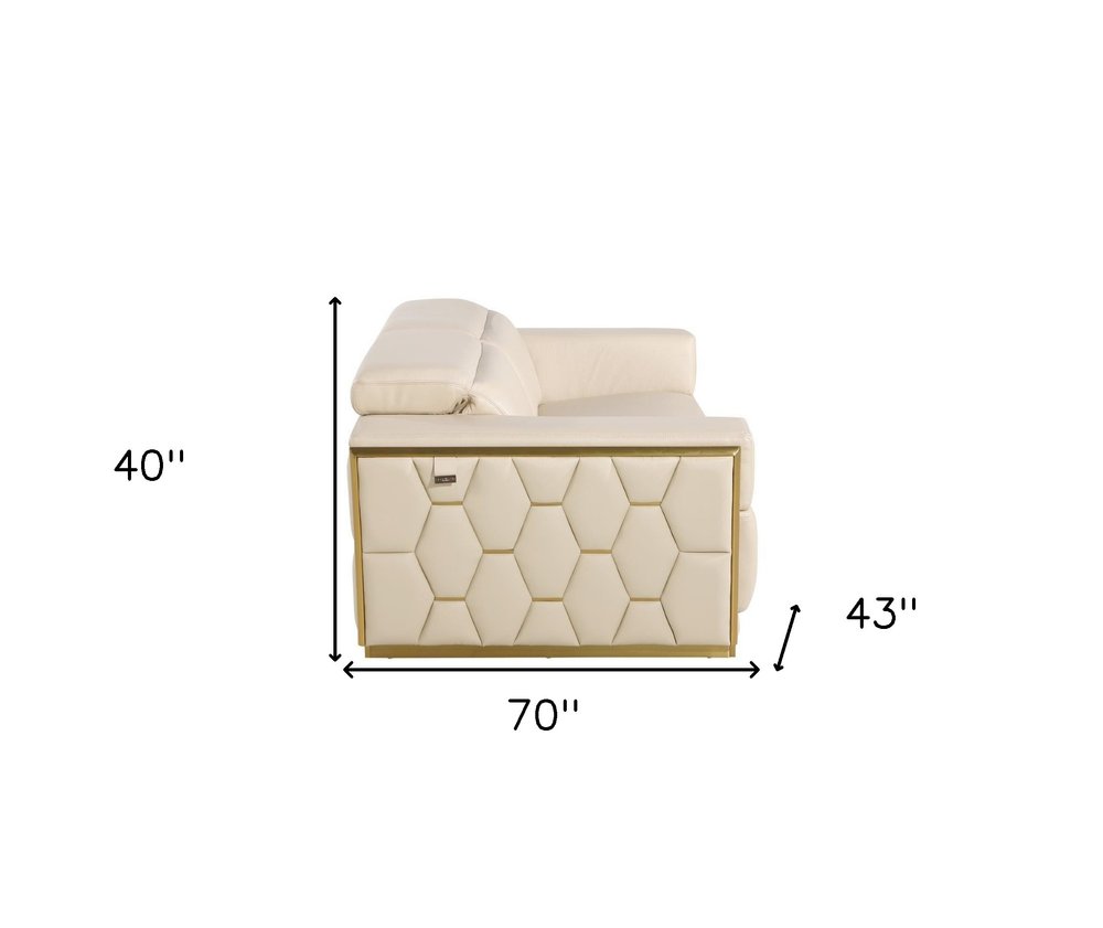 70" Cream and Gold Italian Leather Loveseat
