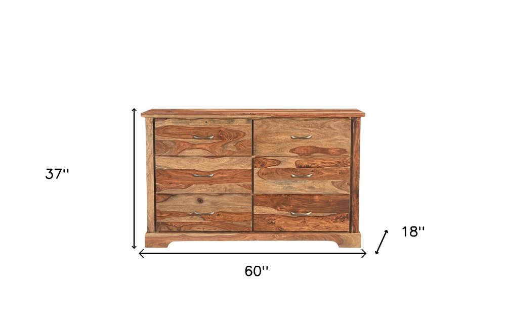 60" Dark Brown Solid Wood Six Drawer Dresser