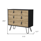32" Natural And Black Wood Three Drawer Dresser