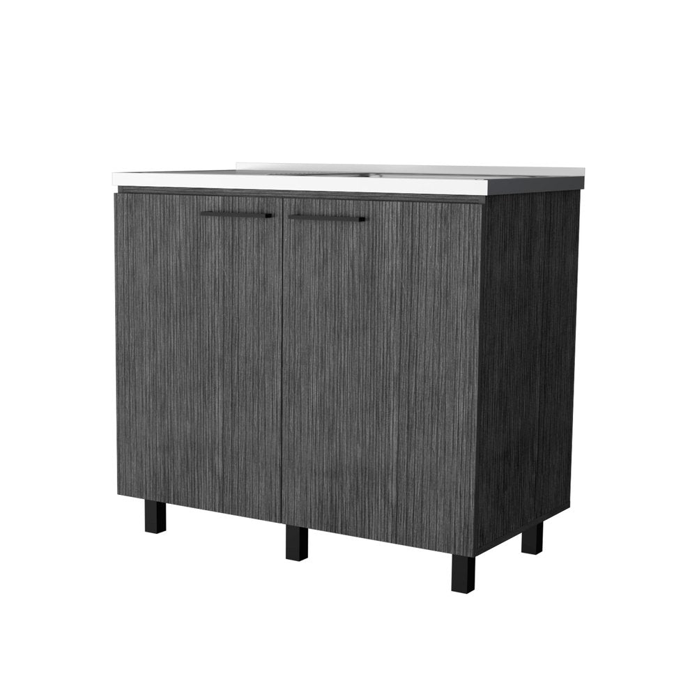 35" X 39" Gray And Silver Stainless Steel and Wood Utility Cabinet With Sink