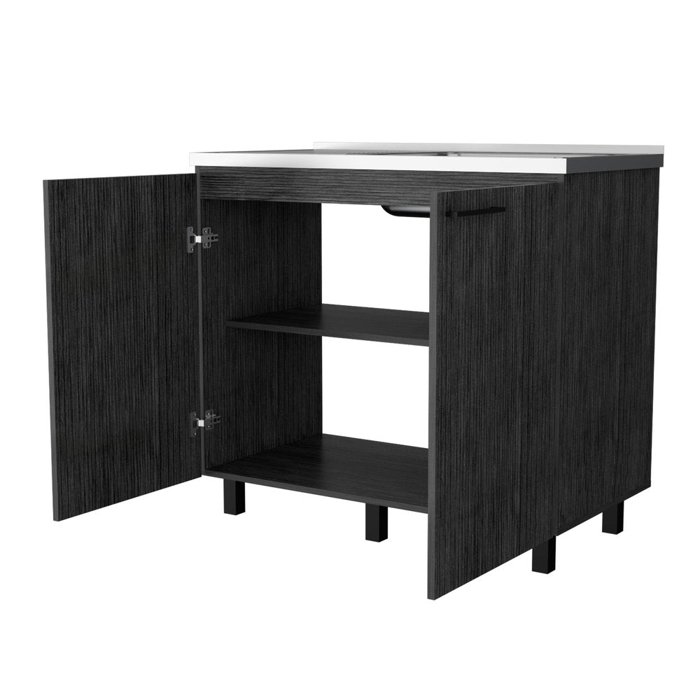 35" X 39" Gray And Silver Stainless Steel and Wood Utility Cabinet With Sink