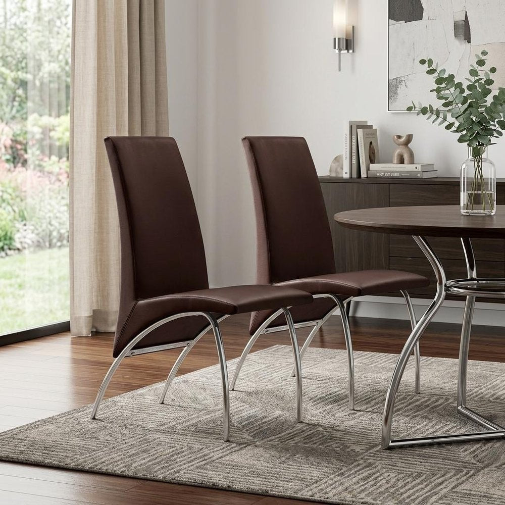 Set of Two Dark Brown And Silver Faux Leather And Metal Dining Side Chairs