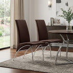 Set of Two Dark Brown And Silver Faux Leather And Metal Dining Side Chairs