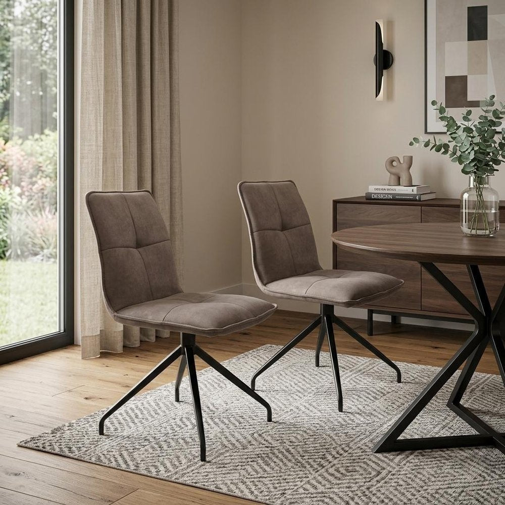 Set of Two Dark Brown And Black Fabric And Metal Swivel Dining Side Chairs