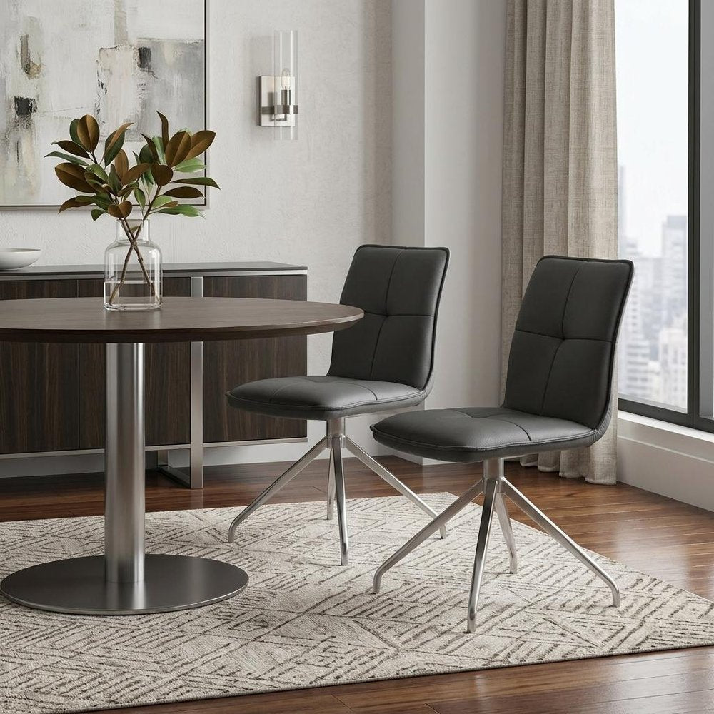 Set of Two Dark Brown And Black Fabric And Metal Swivel Dining Side Chairs