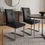 Set of Two Gray And Silver Tufted Faux Leather And Stainless Steel Dining Side Chairs