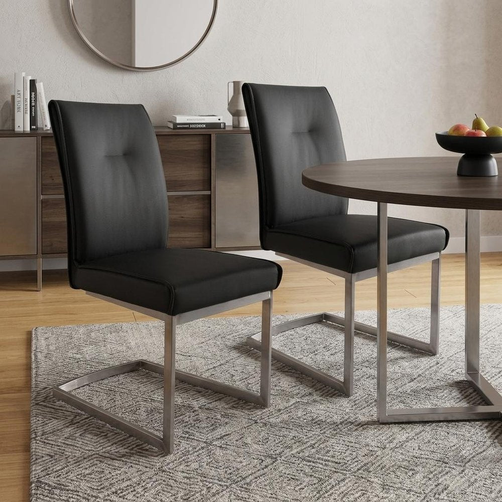 Set of Two Gray And Silver Tufted Faux Leather And Stainless Steel Dining Side Chairs