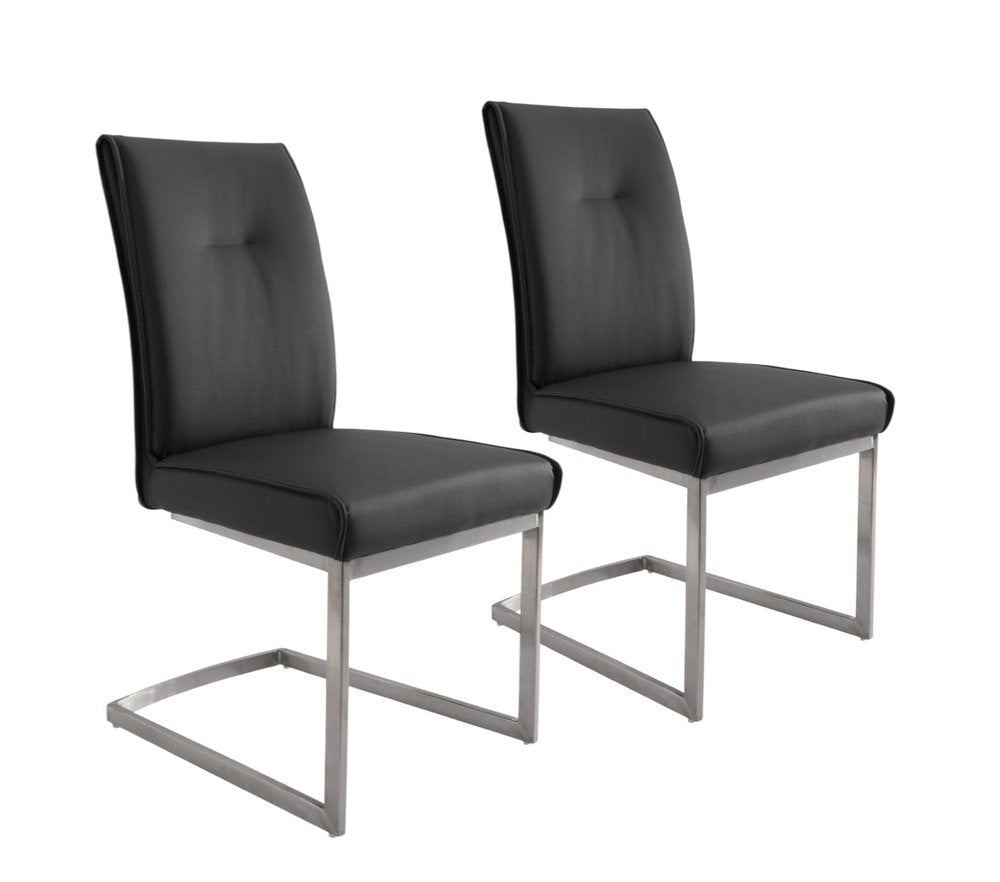 Set of Two Gray And Silver Tufted Faux Leather And Stainless Steel Dining Side Chairs