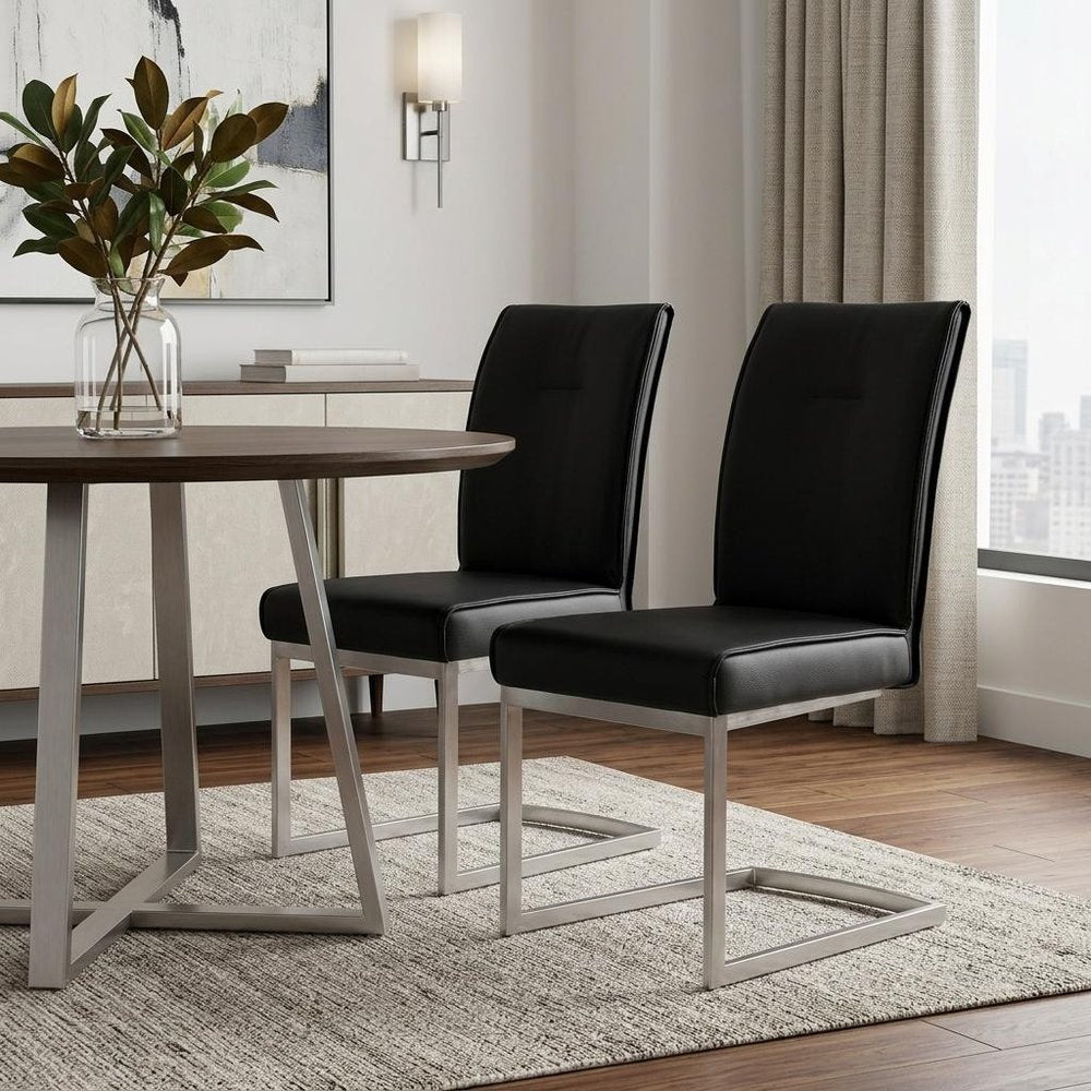 Set of Two Gray And Silver Tufted Faux Leather And Stainless Steel Dining Side Chairs