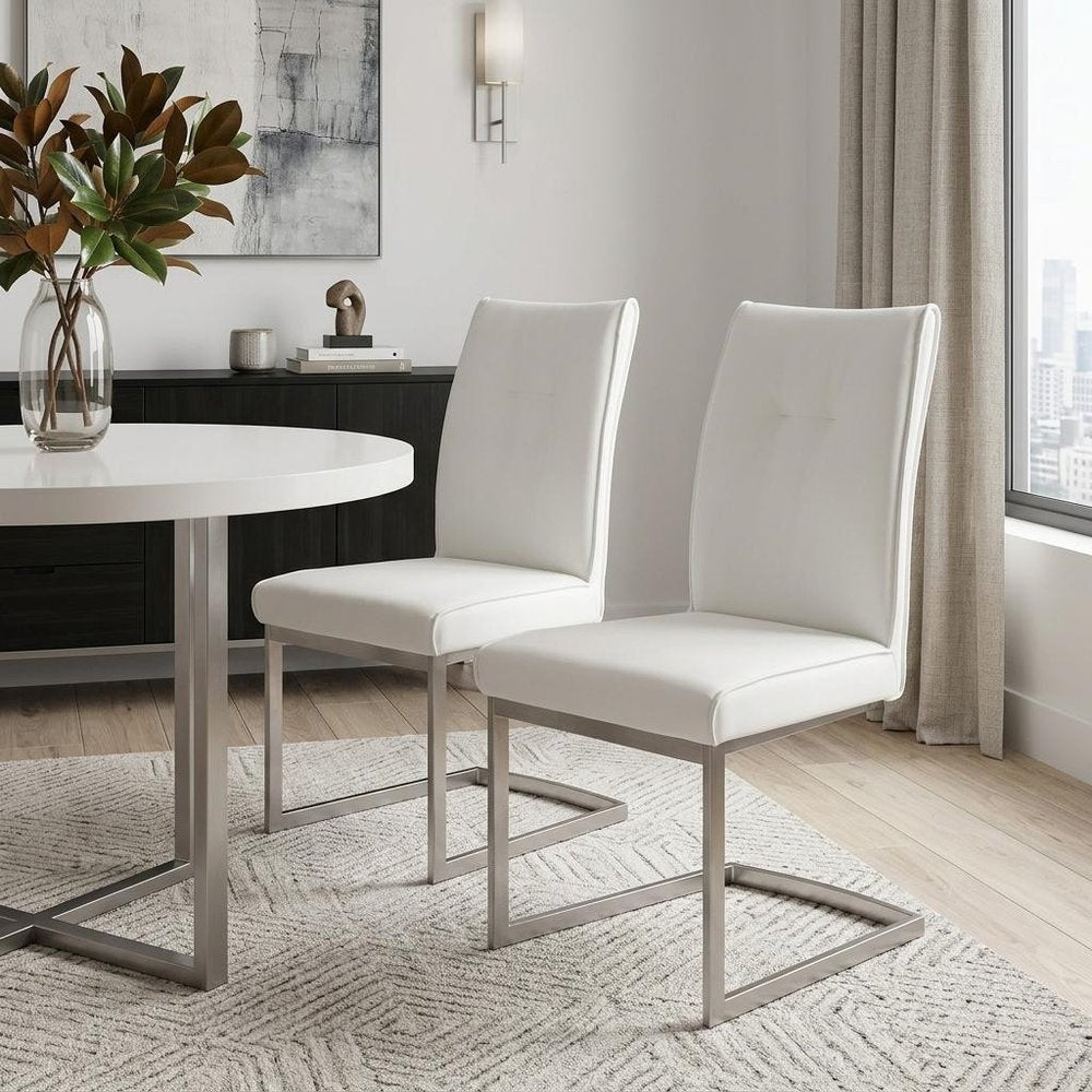 Set of Two White And Silver Tufted Faux Leather And Stainless Steel Dining Side Chairs