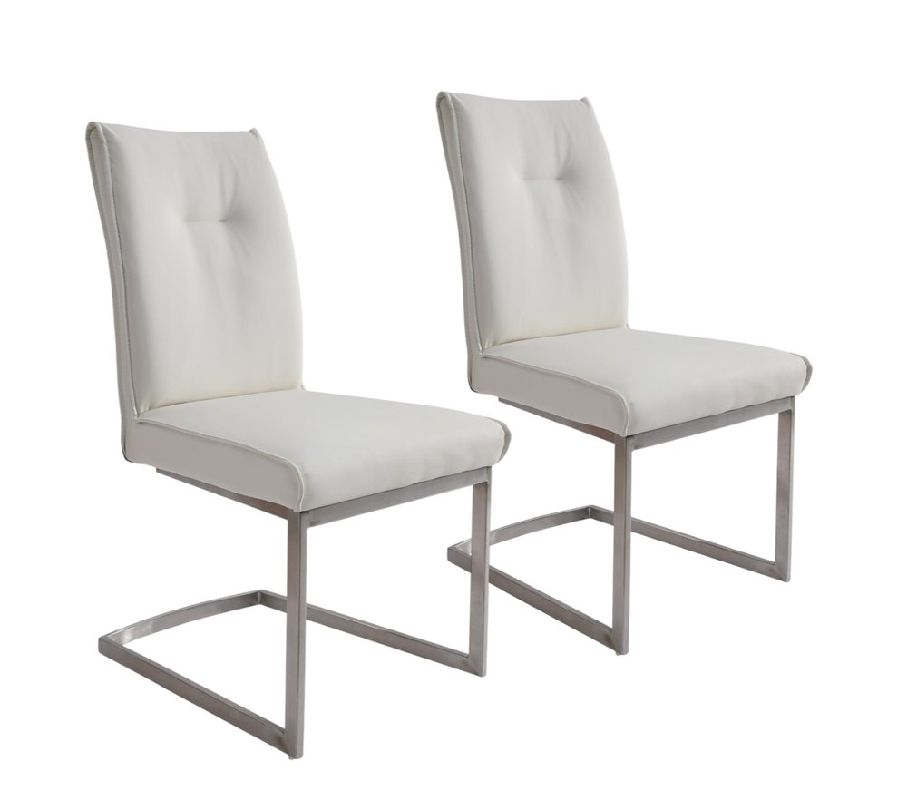 Set of Two White And Silver Tufted Faux Leather And Stainless Steel Dining Side Chairs