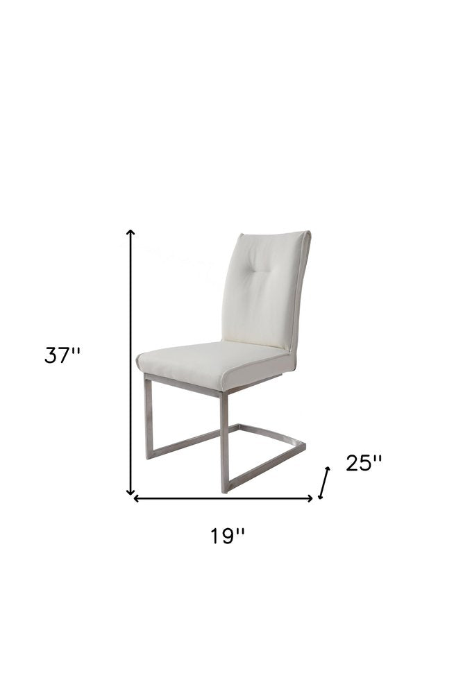 Set of Two White And Silver Tufted Faux Leather And Stainless Steel Dining Side Chairs