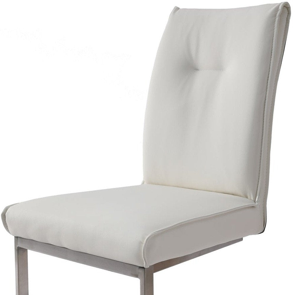 Set of Two White And Silver Tufted Faux Leather And Stainless Steel Dining Side Chairs