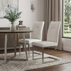 Set of Two White And Silver Tufted Faux Leather And Stainless Steel Dining Side Chairs