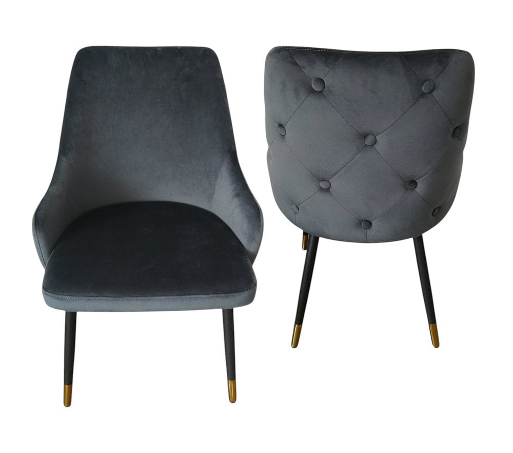 Set of Two Charcoal Black And Gold Tufted Fabric And Metal Dining Side Chairs