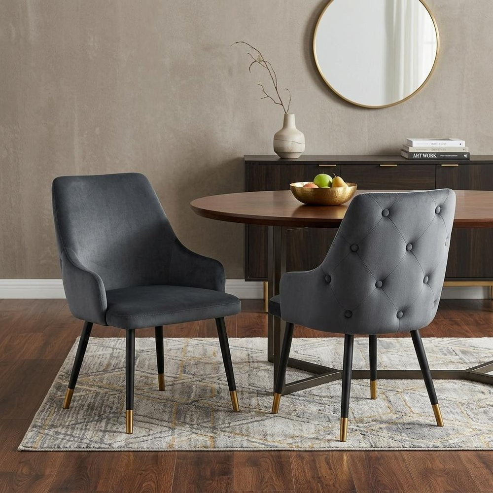 Set of Two Charcoal Black And Gold Tufted Fabric And Metal Dining Side Chairs