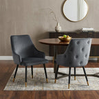 Set of Two Charcoal Black And Gold Tufted Fabric And Metal Dining Side Chairs