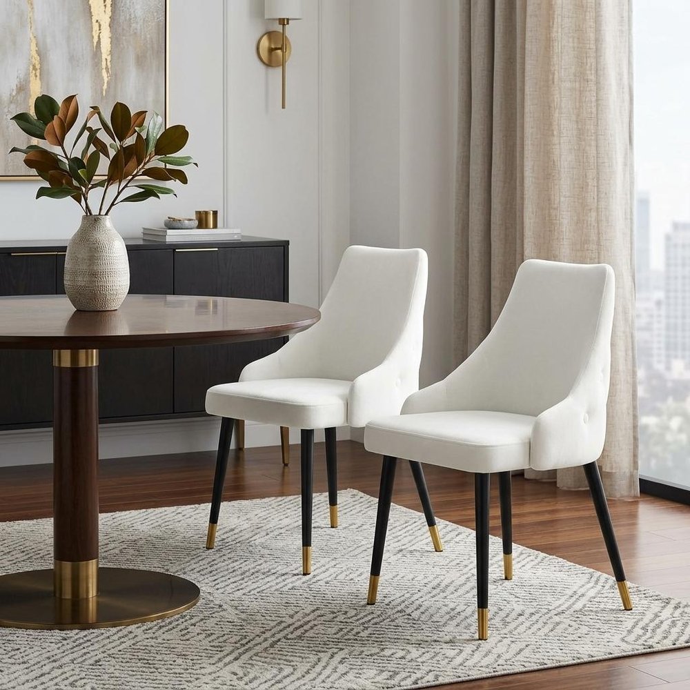 Set of Two White Black And Gold Fabric And Metal Dining Side Chairs