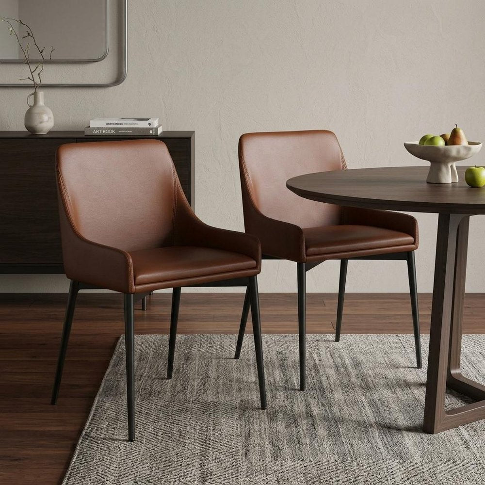 Set of Two Chestnut And Black Faux Leather And Metal Dining Side Chairs