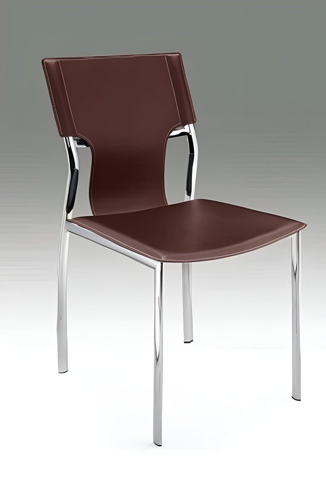 Set of Four Dark Brown And Silver Leather And Metal Partially Open Back Dining Side Chairs