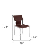 Set of Four Dark Brown And Silver Leather And Metal Partially Open Back Dining Side Chairs