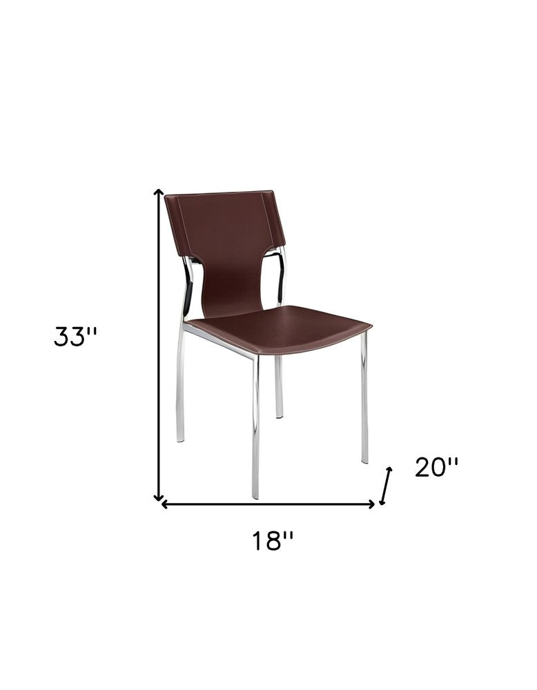 Set of Four Dark Brown And Silver Leather And Metal Partially Open Back Dining Side Chairs