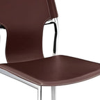 Set of Four Dark Brown And Silver Leather And Metal Partially Open Back Dining Side Chairs